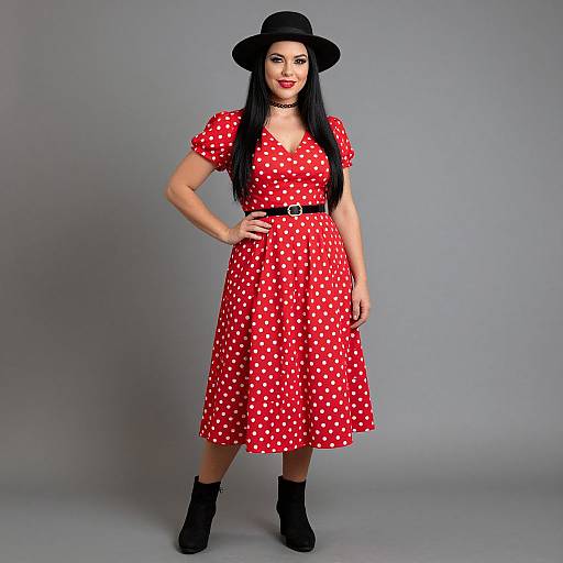 Woman in Red Polka Dot Dress with Black Hat and Boots Vintage Style
