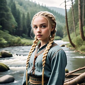 Young Woman by a Serene River in Forest