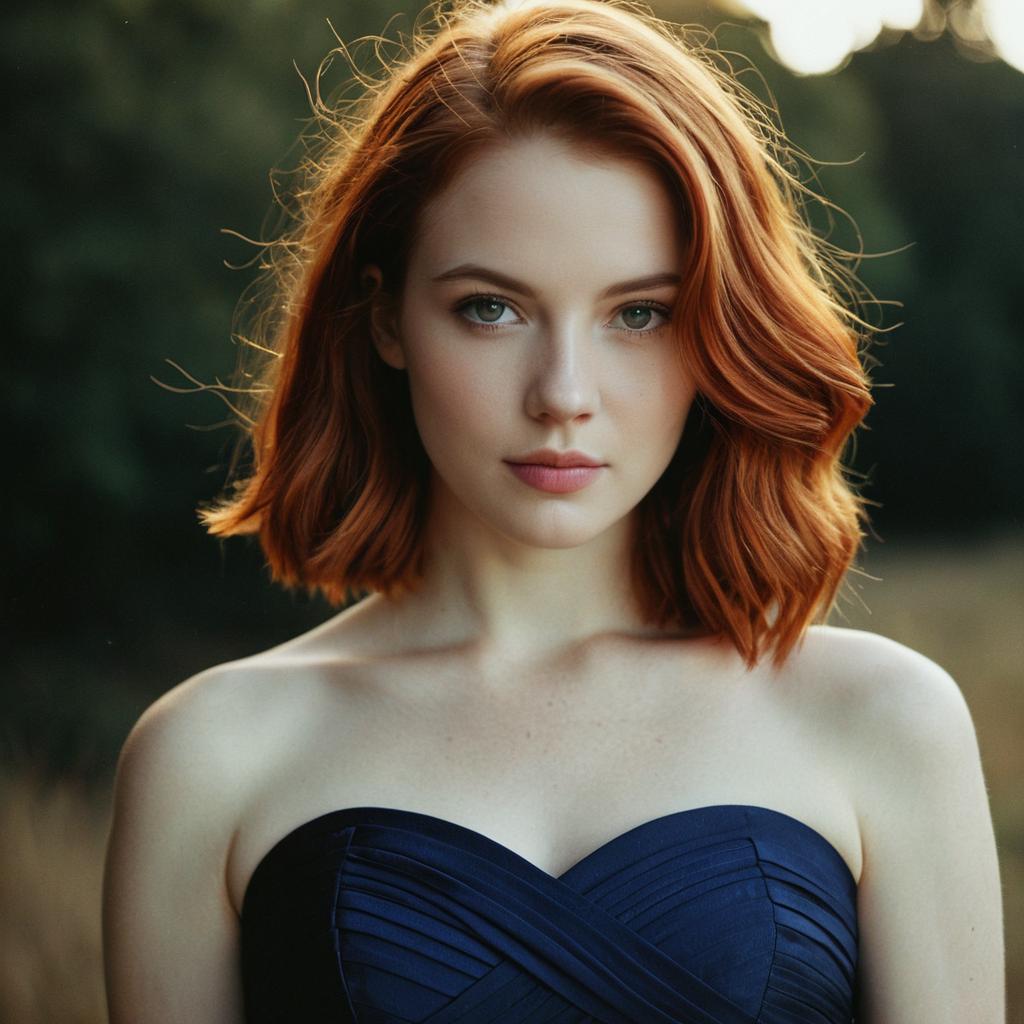 Portrait of Red-Haired Woman in Navy Blue Strapless Dress