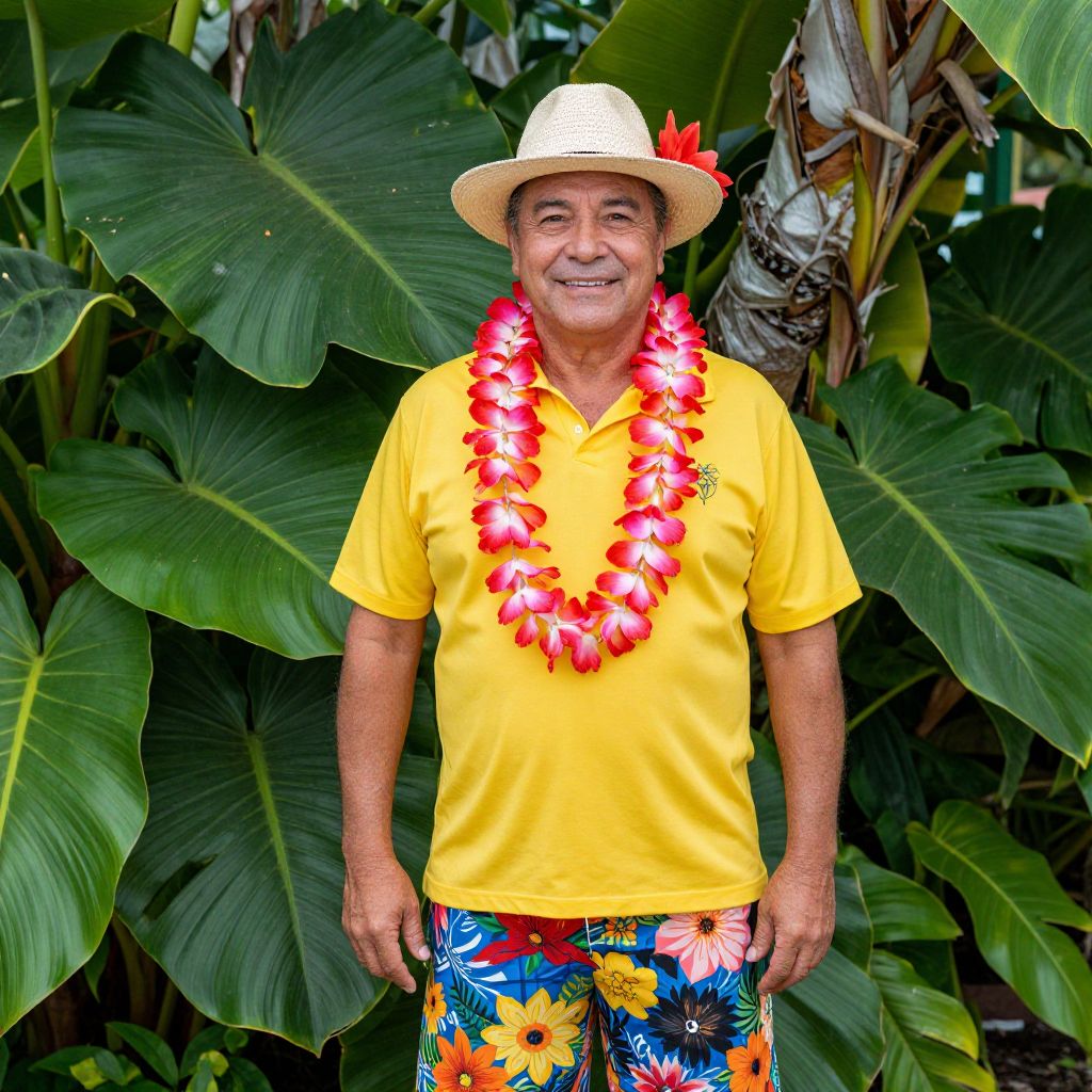 Tropical Man in Colorful Outfit and Lei with Lush Green Background