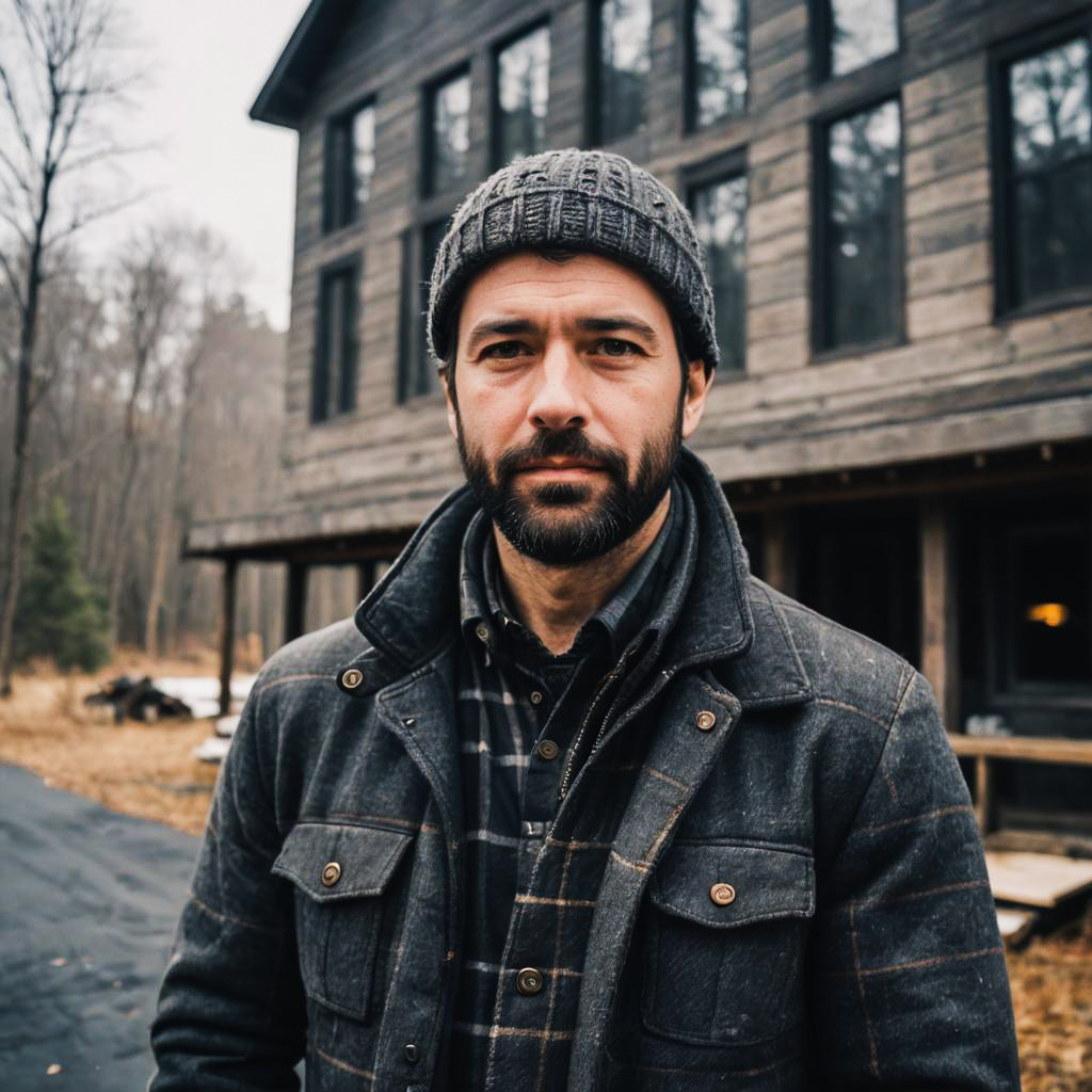 Rugged Man by Rustic Cabin in Nature