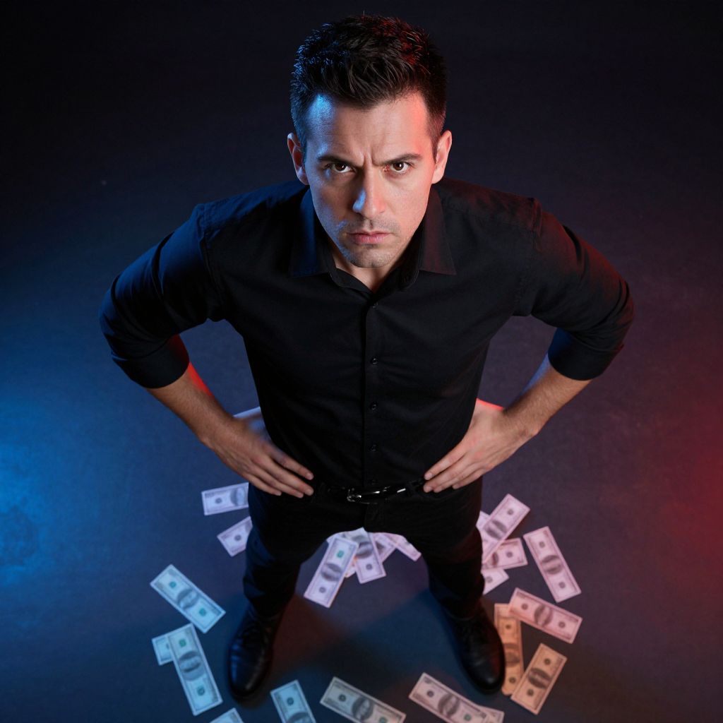 Confident Man Standing Amid Scattered Money with Intense Expression