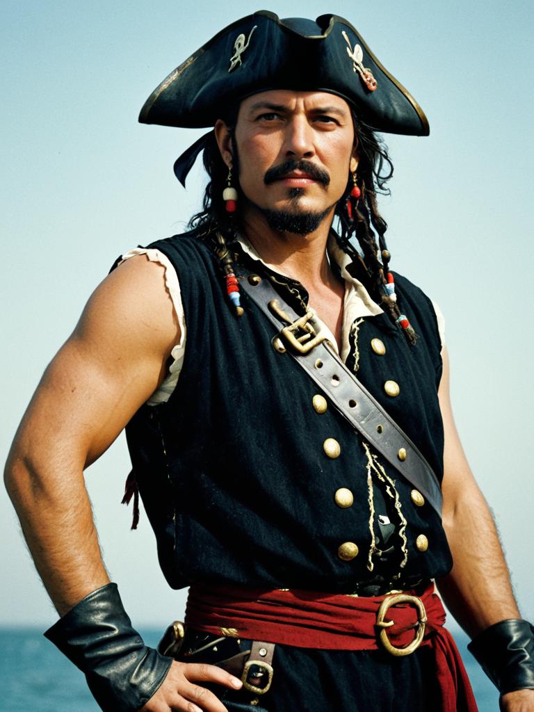 Man in Sleeveless Pirate Costume with Tricorn Hat and Red Sash