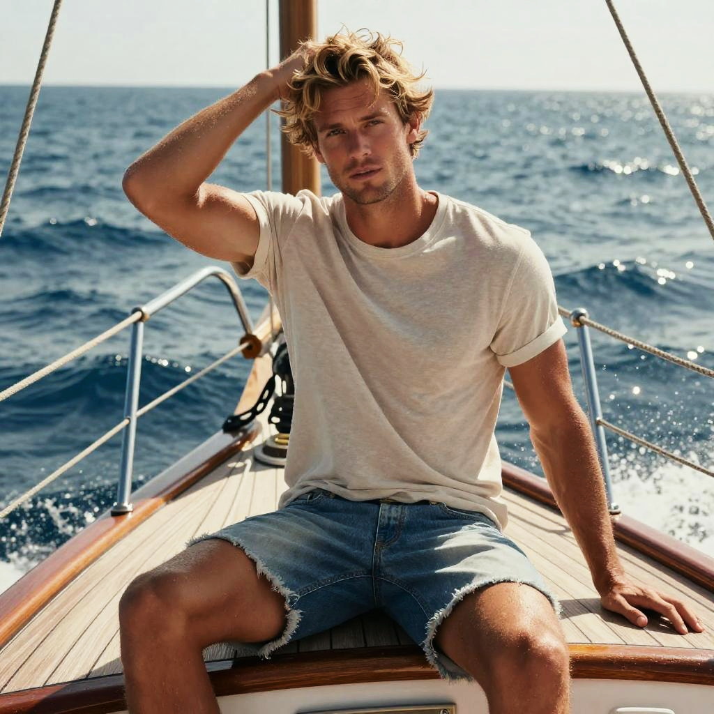 Relaxed Young Man in Casual Summer Outfit on Sailboat at Sea