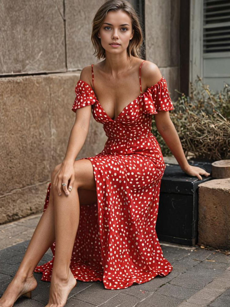 Woman in Red Polka Dot Dress on Cobblestone Street