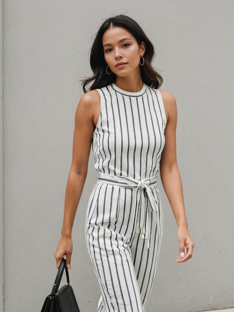 Stylish Woman in Sleeveless Outfit with White Stripes