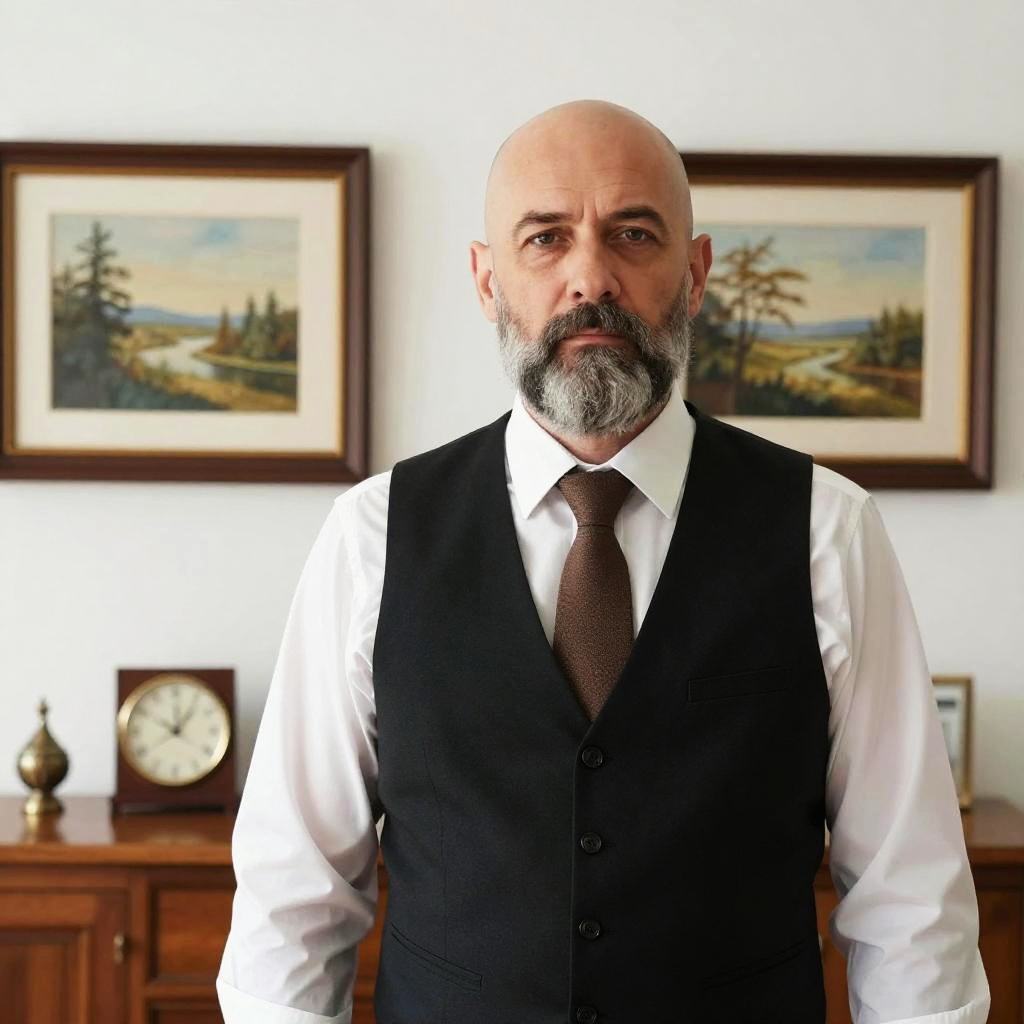 Portrait of Middle-Aged Man in Formal Vest and Tie with Beard