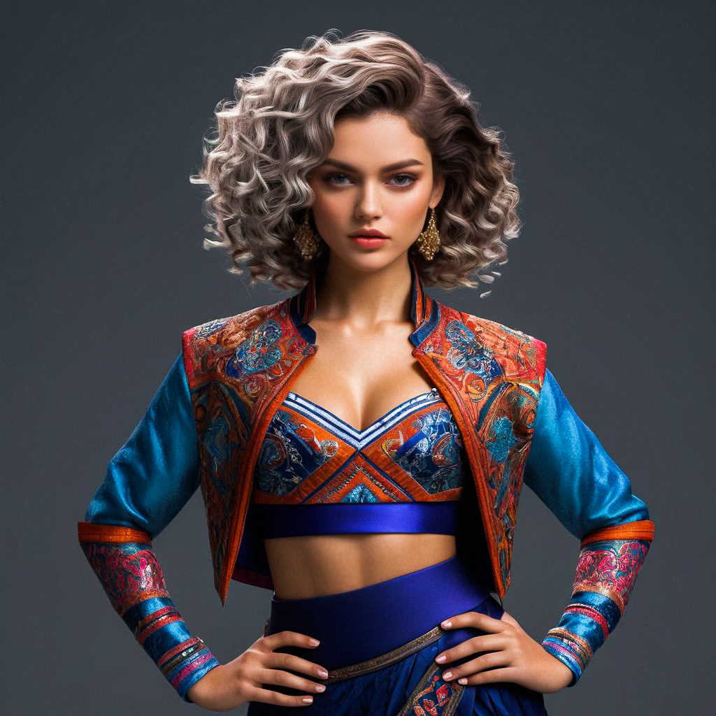Confident woman in vibrant cropped jacket and top Confident woman in vibrant cropped jacket and top