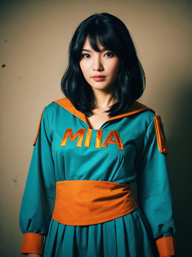 Realistic Portrait of Woman Cosplaying Mia in Teal and Orange Costume
