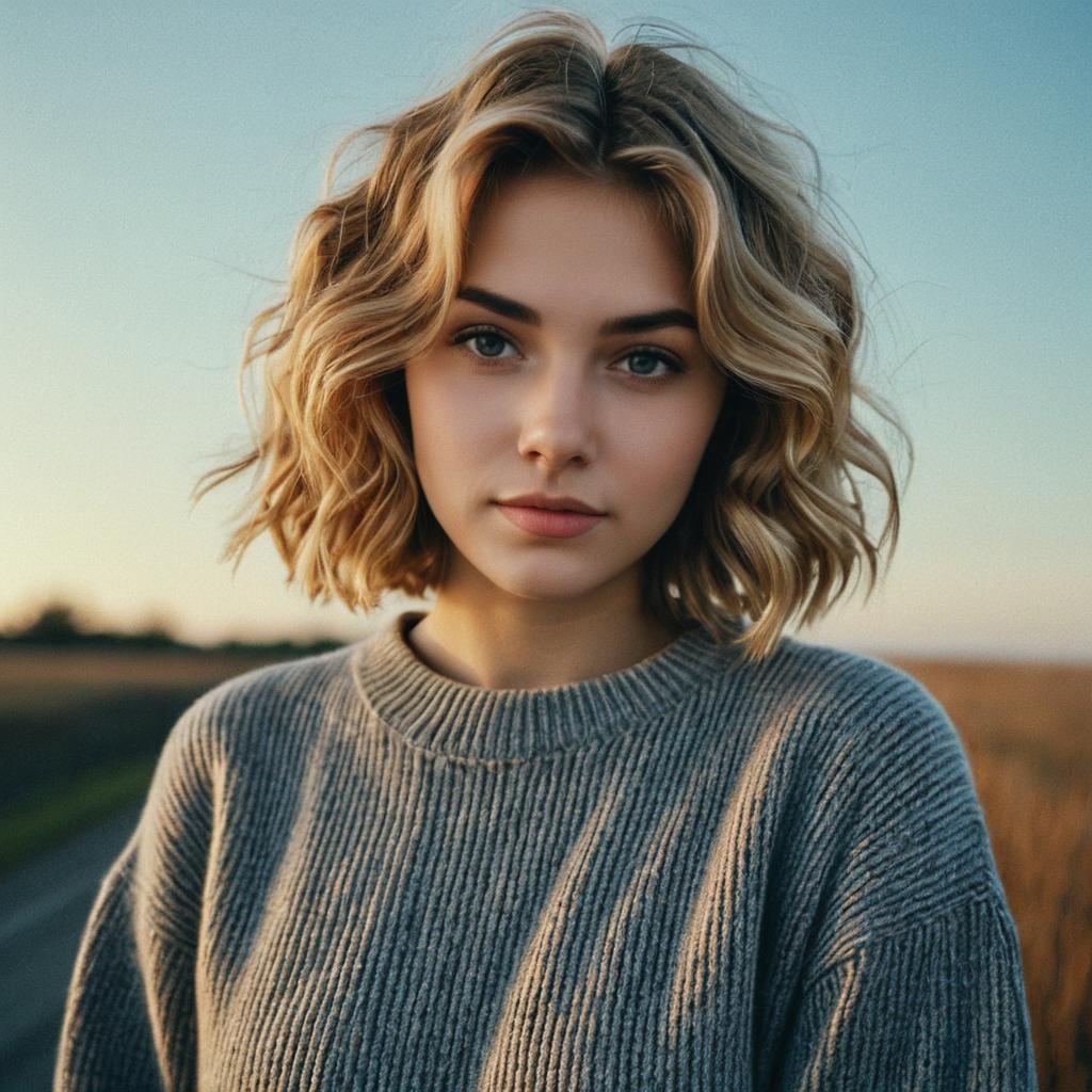 Young Woman in Cozy Sweater at Golden Hour