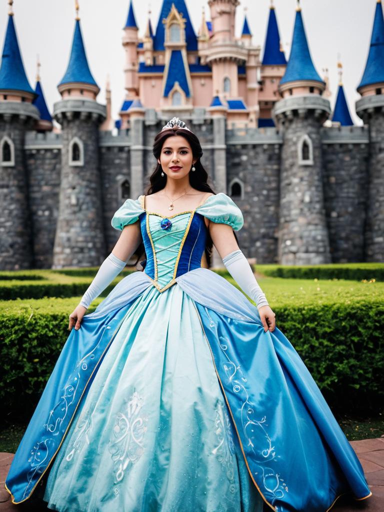 Woman in Disney Princess Dress Outdoor Cosplay Photo in Castle Setting
