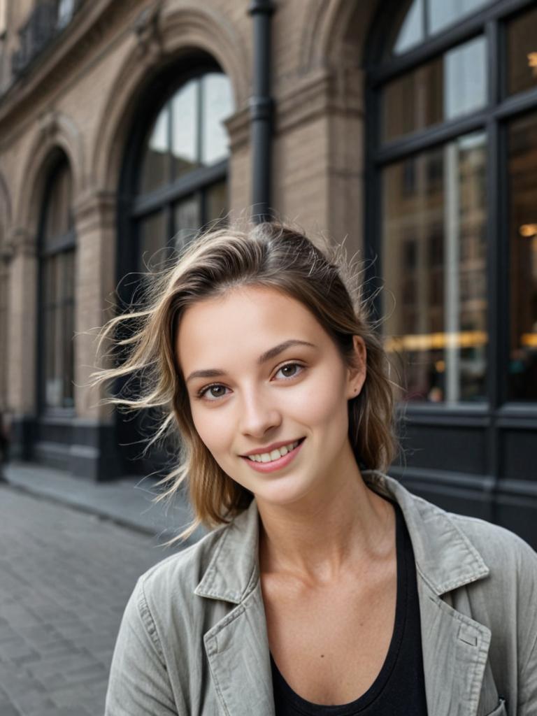 Smiling Woman in Casual Jacket on Urban Street