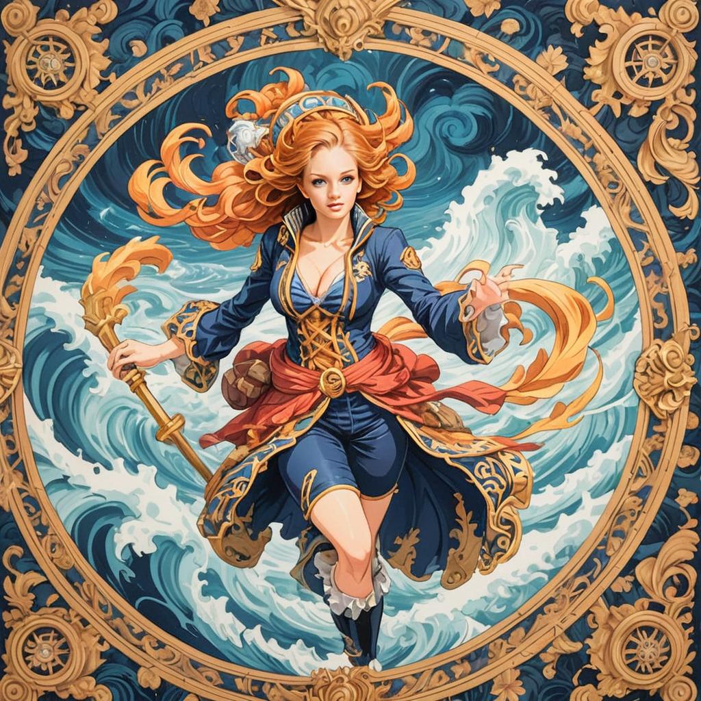 Confident Woman in Navy Costume with Sword and Nautical Elements Confident Woman in Navy Costume with Sword and Nautical Elements