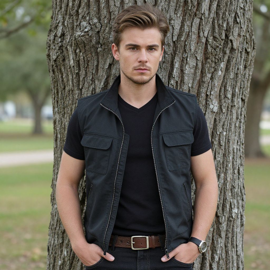 Young Man Standing by Tree Wearing Black Vest in Park