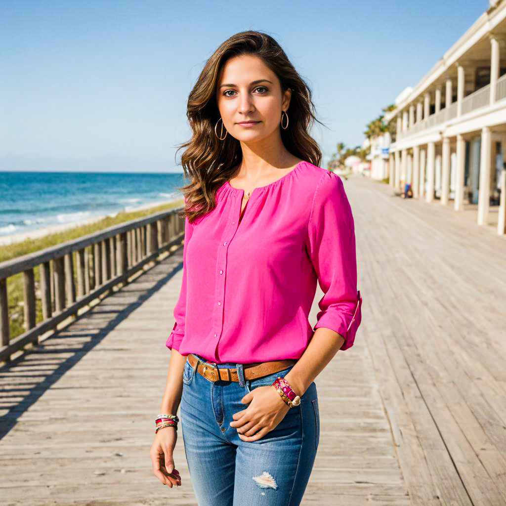 Confident woman in pink blouse by the beach