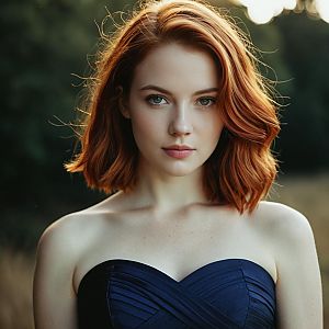 Portrait of Red-Haired Woman in Navy Blue Strapless Dress