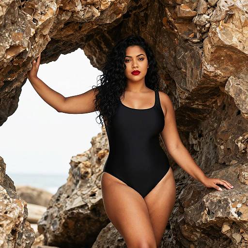 Confident Woman in Black Swimsuit Posing by Rocky Beach