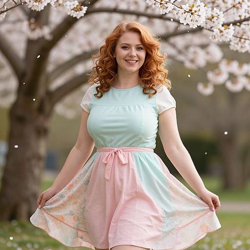 Red-Haired Woman in Pastel Dress Under Cherry Blossoms