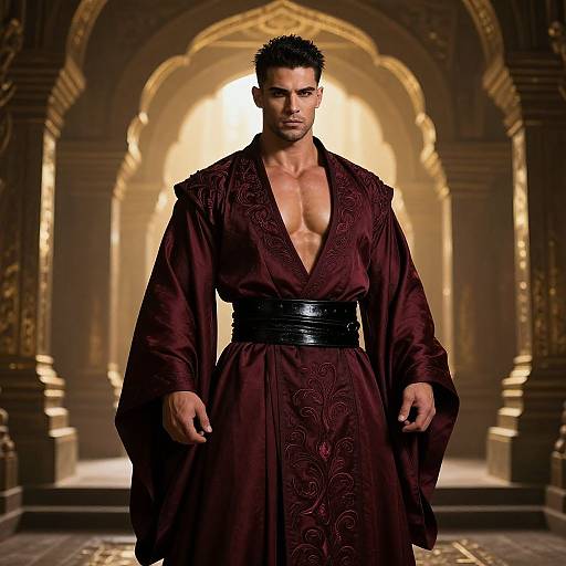 Muscular Man in Maroon Robe Posing in Ornate Architectural Setting