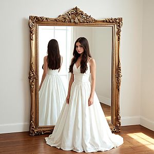 Young Woman in White Gown by Ornate Mirror