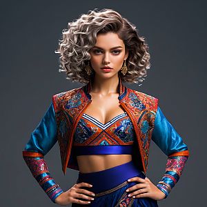 Confident woman in vibrant cropped jacket and top