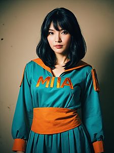 Realistic Portrait of Woman Cosplaying Mia in Teal and Orange Costume