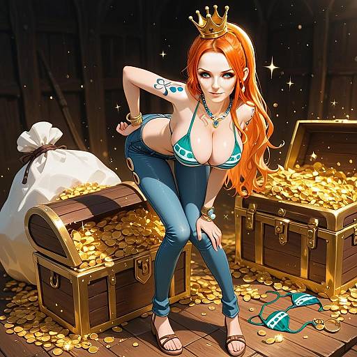 Red-Haired Woman with Crown and Treasure Chests Digital Illustration