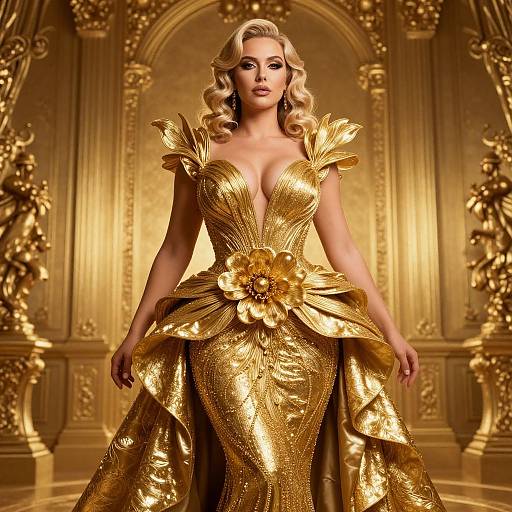 Elegant Woman in Ornate Gold Gown in Baroque Interior