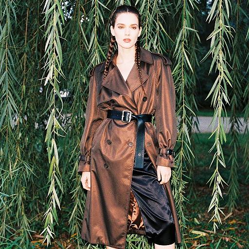 Woman in Shiny Brown Trench Coat with Braids Among Willow Trees