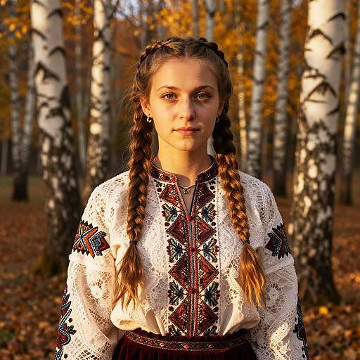Young Woman in Traditional Embroidered Blouse in Autumn Birch Forest