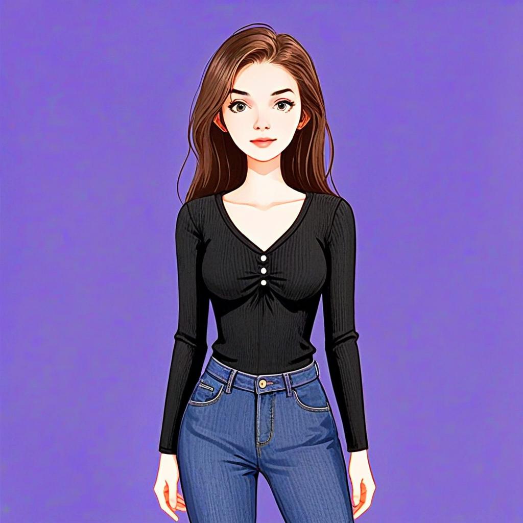 Illustration of Woman with Pretty Face and Hair in Casual Black Ribbed Top and Jeans