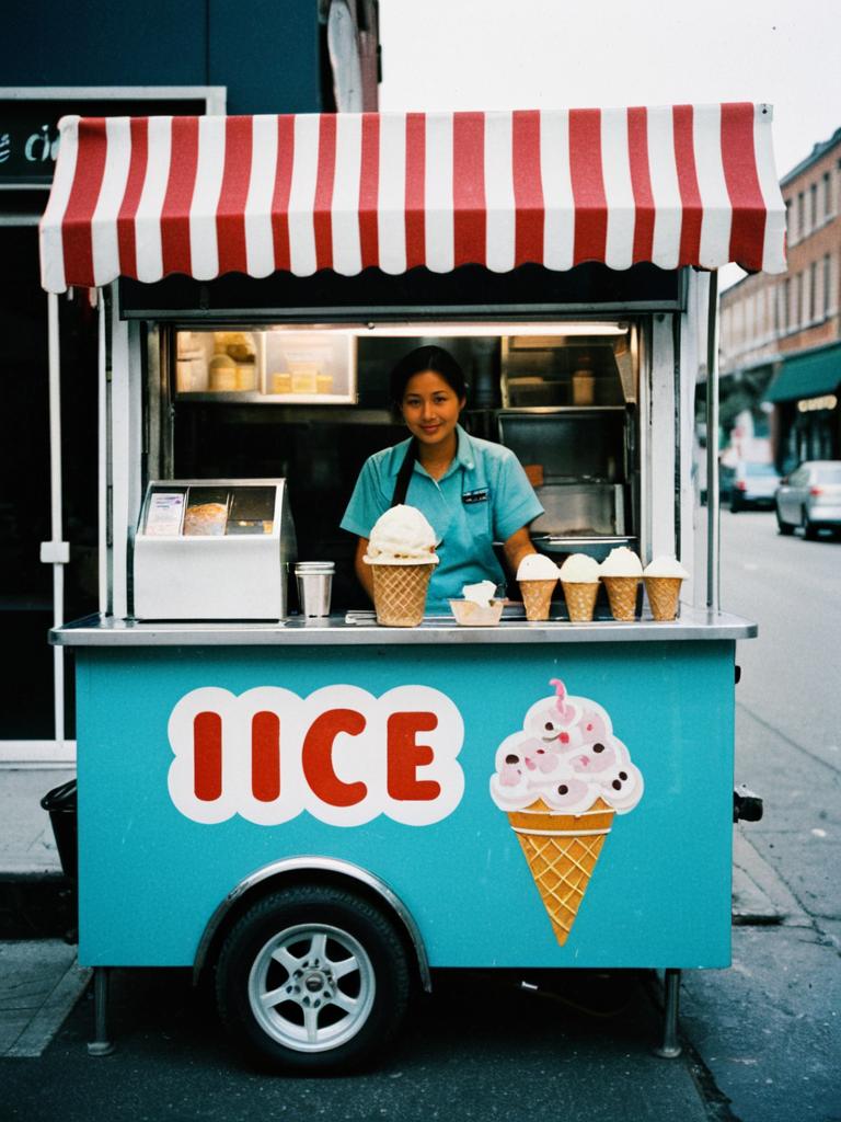 Street Ice Cream Vendor Woman Behind Colorful Cart with Ice Cream Cones