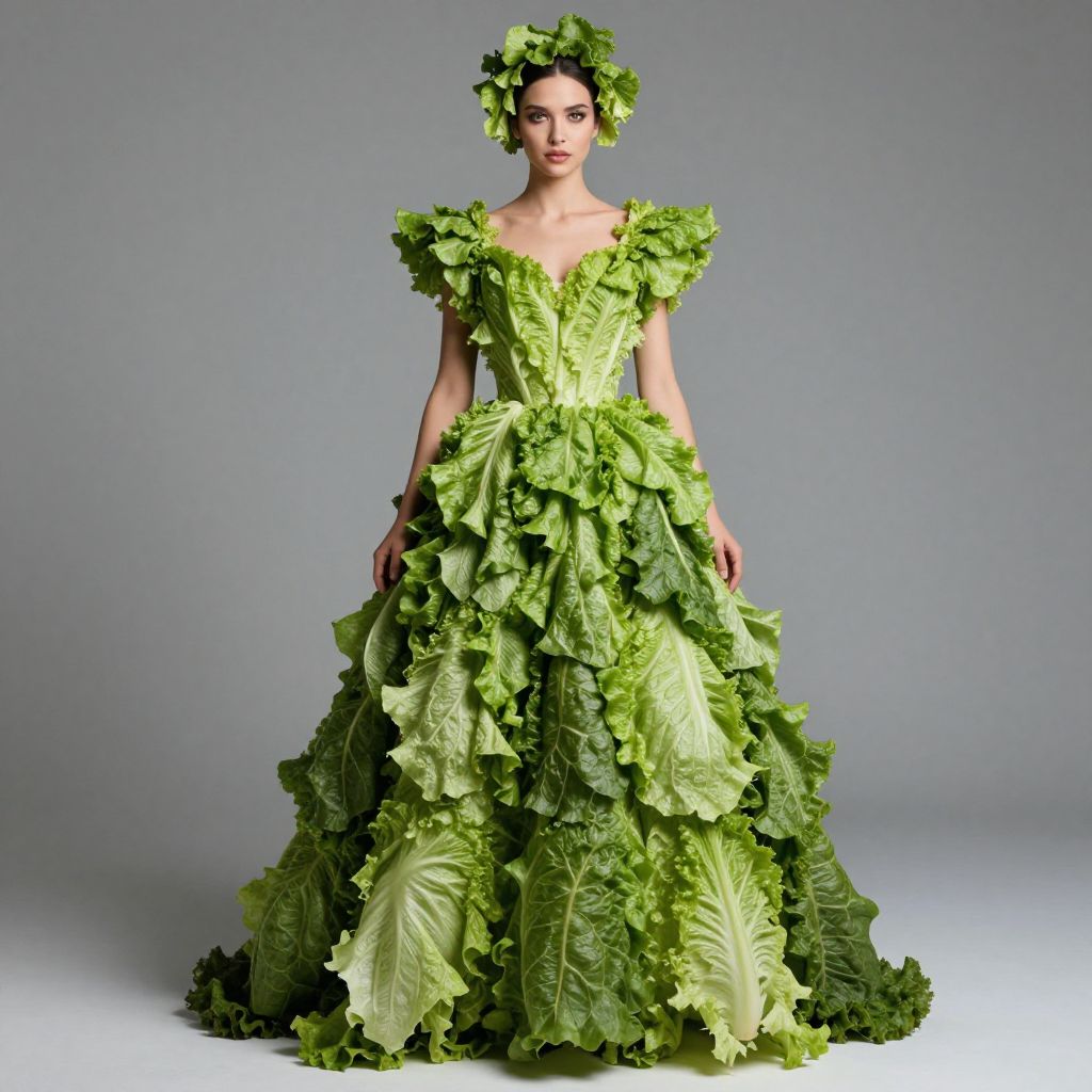 Fashion Model Wearing Creative Lettuce Leaf Dress and Headpiece