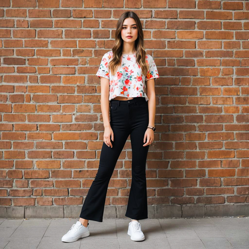 Confident Young Woman in Floral Crop Top and Flared Jeans