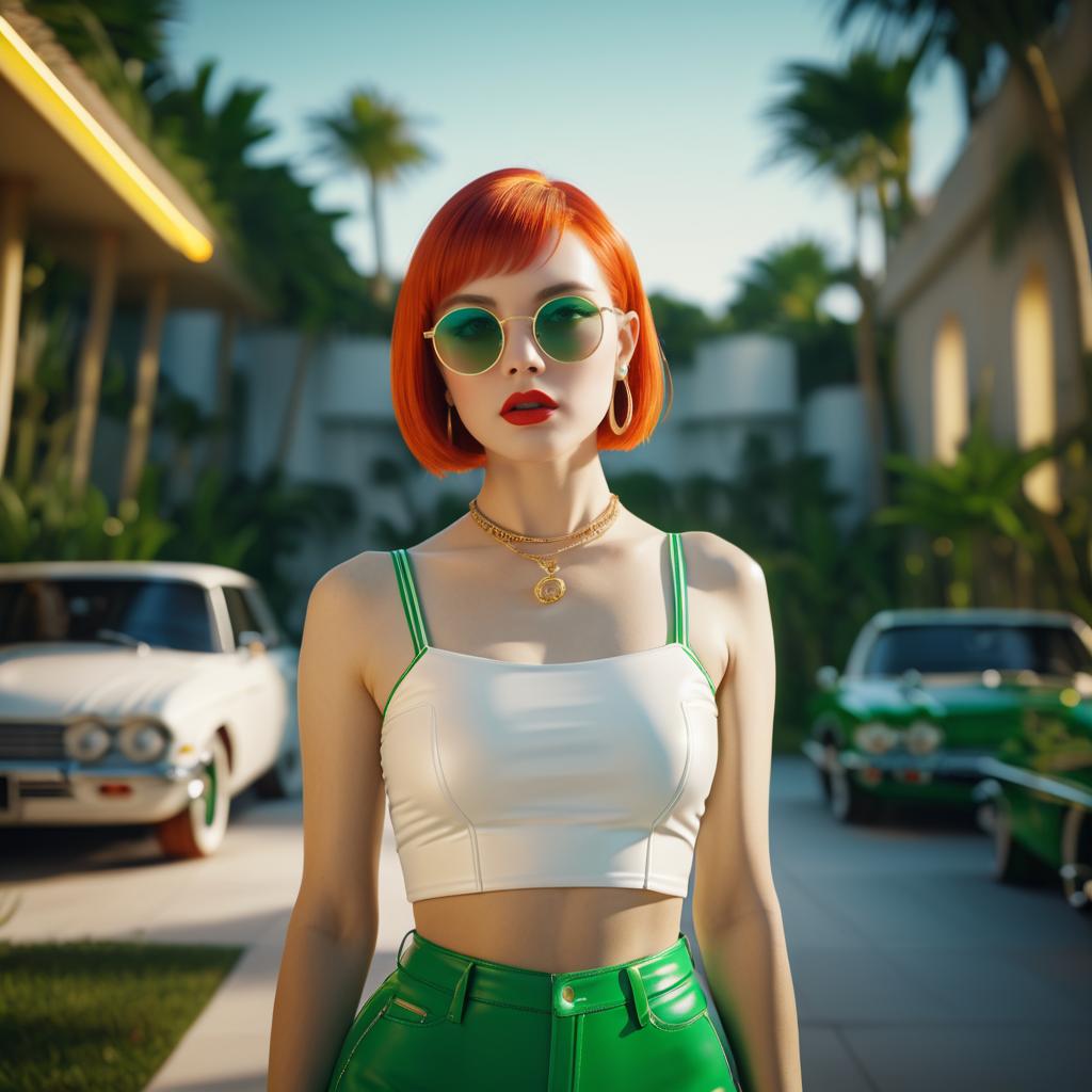 Stylish Woman with Red Bob and Green Sunglasses