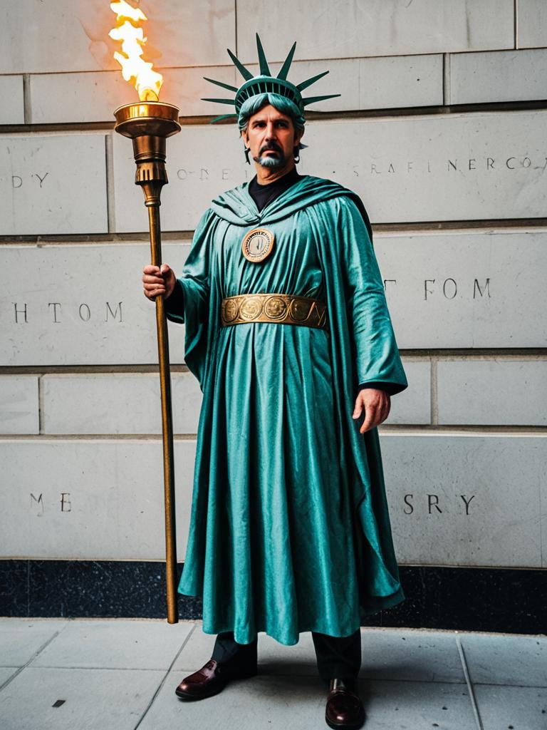 Man in Statue of Liberty Costume Full Body Cosplay Photo with Torch