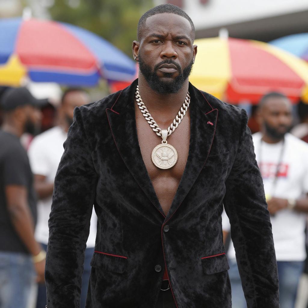 Man in Black Velvet Blazer Wearing Large Silver Chain Necklace Outdoors