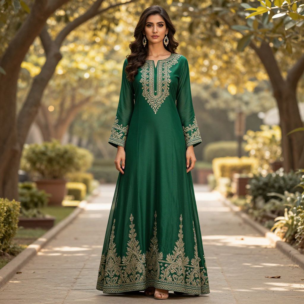 Elegant Emerald Green Embroidered Traditional Dress on Woman in Garden