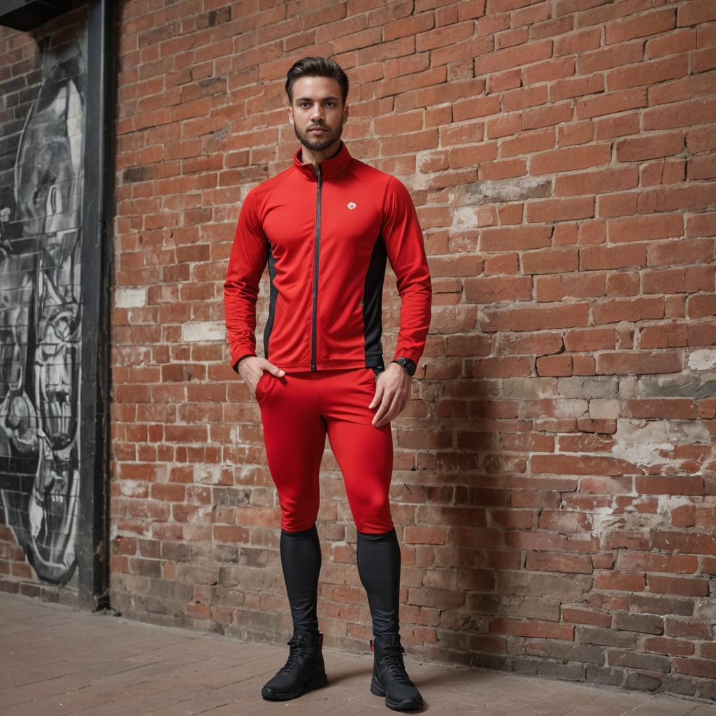 Confident Man in Red Athletic Outfit Against Brick Wall