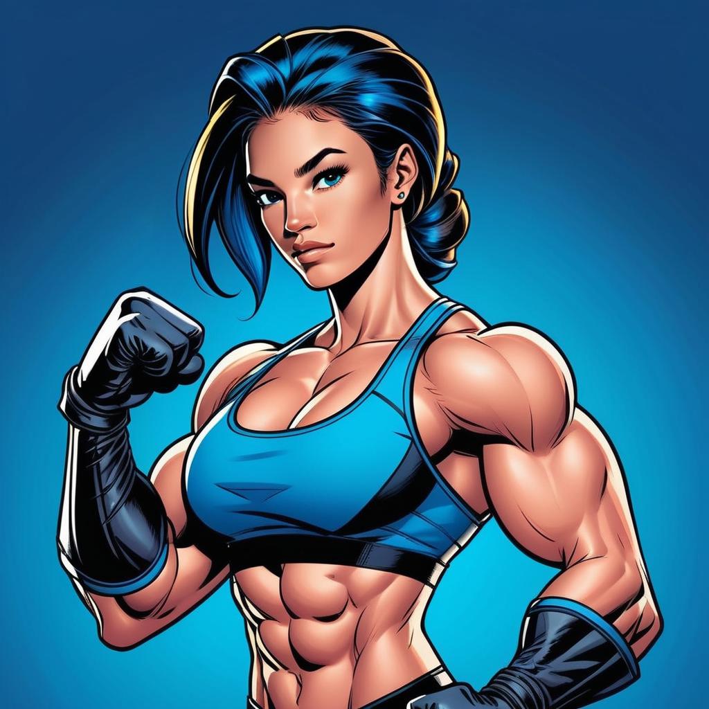 Muscular Woman in Blue Sportswear Comic Style Illustration