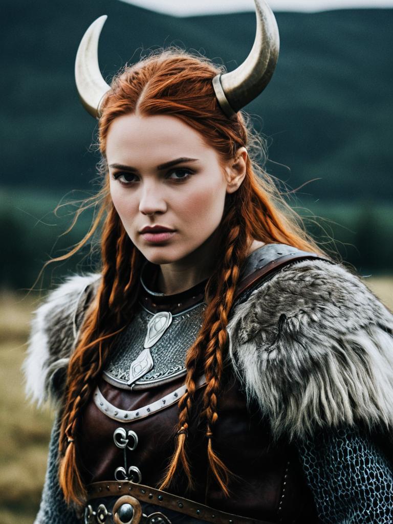 Woman in Viking Costume Cinematic Realism Dramatic Warrior Photo