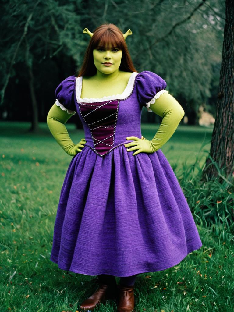 Woman in Purple Dress Shrek Costume with Green Face Paint Outdoors