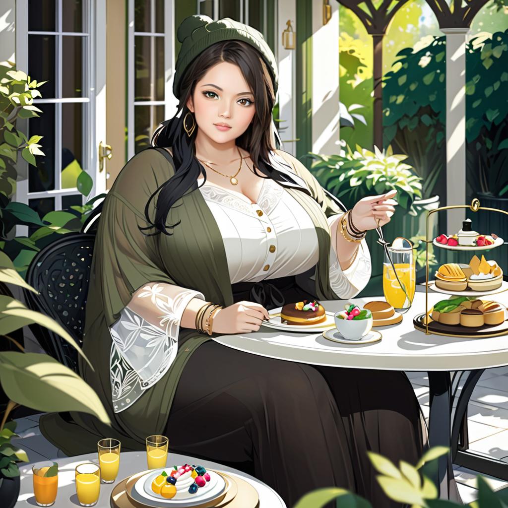 Anime Woman Enjoying Tea Time in Garden