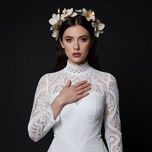 Elegant Woman in White Lace Gown with Candlelit Floral Headpiece