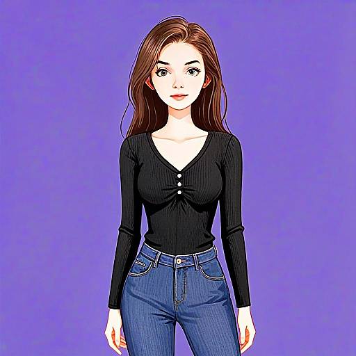 Illustration of Woman with Pretty Face and Hair in Casual Black Ribbed Top and Jeans