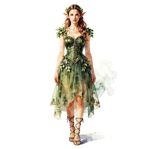 Fantasy Forest Elf Woman in Green Corset Dress Digital Illustration