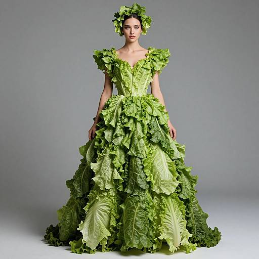 Fashion Model Wearing Creative Lettuce Leaf Dress and Headpiece