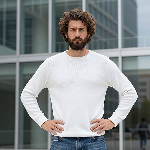 Confident Man Wearing White Sweater Standing Outdoors