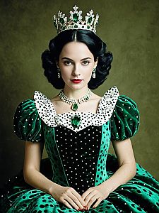 Elegant Woman in Vintage Emerald Velvet Royal Gown with Jeweled Crown