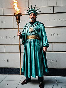 Man in Statue of Liberty Costume Full Body Cosplay Photo with Torch
